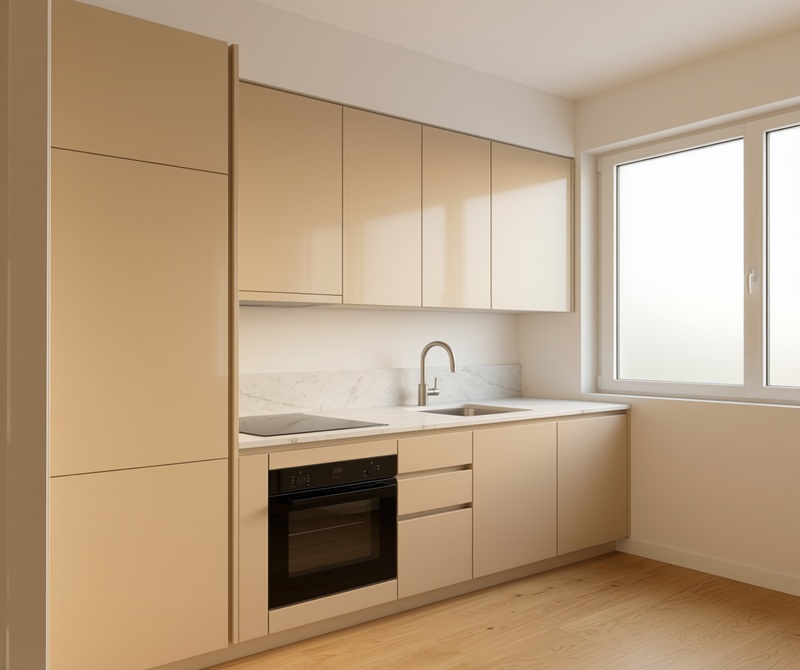 Встроенная кухня в кремово-бежевом с мрамором